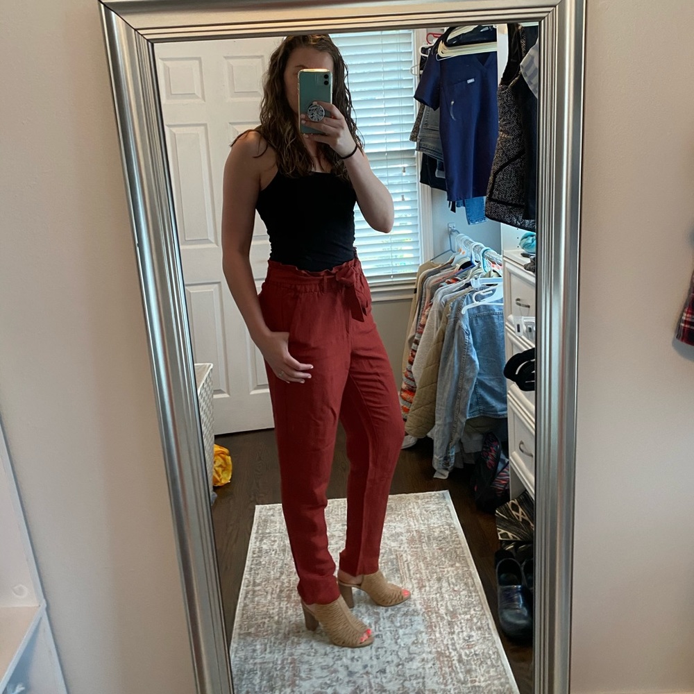 Paper bag waist rust red work pants